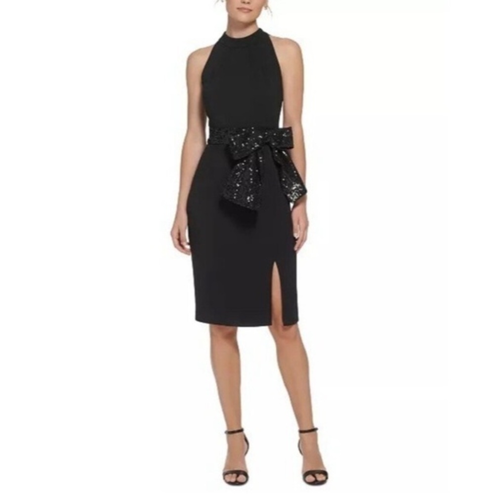 Eliza J Sleeveless Sequin Bow Sheath Black Dress Size 6